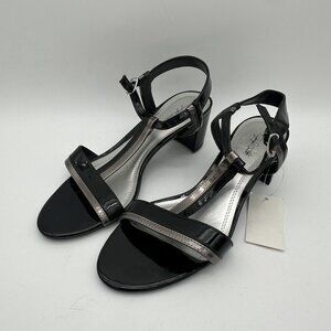 Womens Black Silver Metallic Block Heel Dress Sandals With Ankle Strap